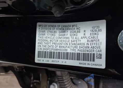 2021 Honda Civic Sport from USA, damaged, VIN 2HGFC2F89MH503068